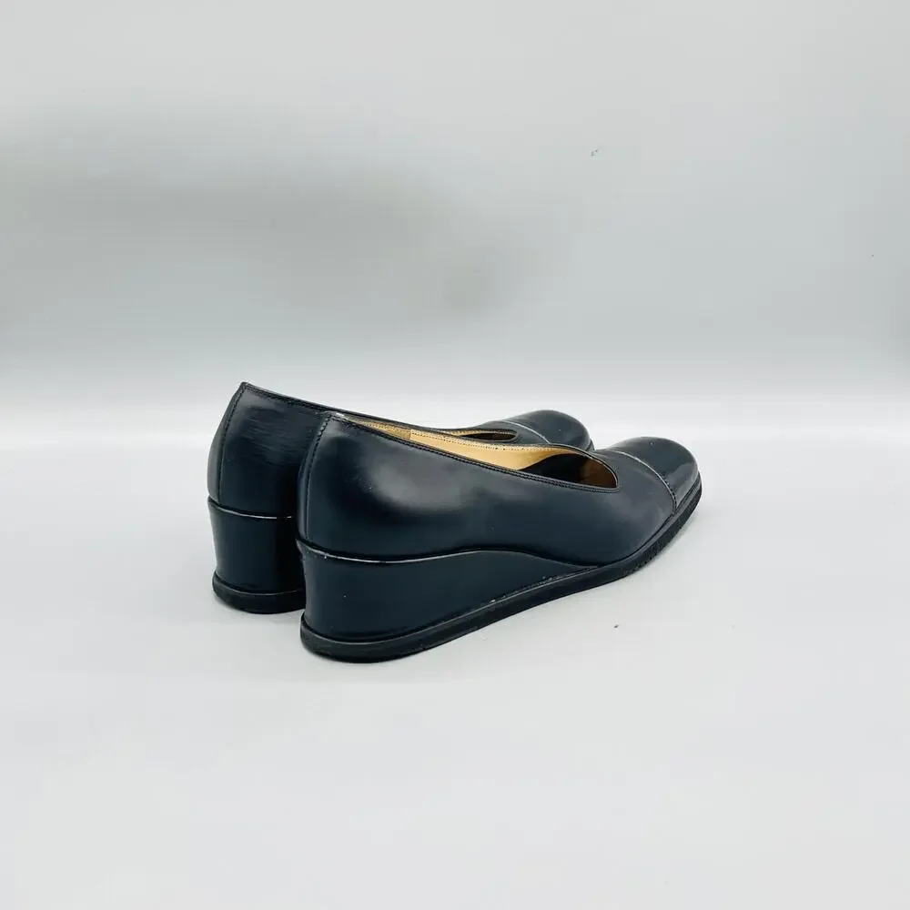 Salvatore Ferragamo Shoes Womens 7.5 Black Leather Wedge Pumps Square Cap Toe